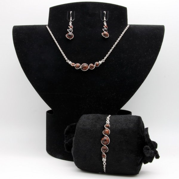 Parure : boucles d’oreilles / bracelet / collier Perles de Obsidienne acajou