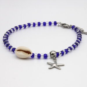 Bracelet de cheville perles bleue marine et translucide Plage.