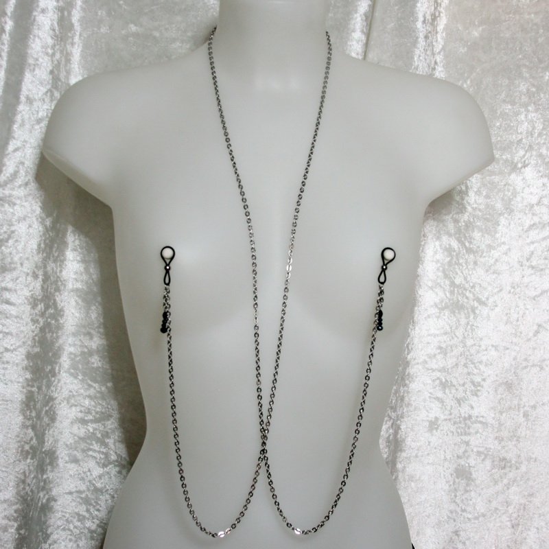 Bijoux pour seins sans piercing, Longue chaîne 4 en 1 pendants cristal de Bohème gris nuit.