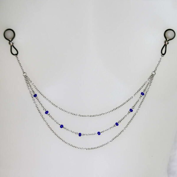 Bijoux pour seins sans piercing, 3 rangs chaine moyenne maille 1 chaine perlée Bleu Nuit.
