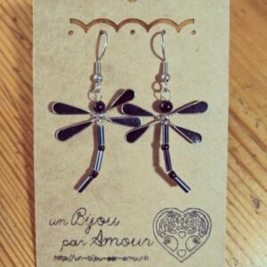 Boucles d’oreilles Libellule noire perles noires