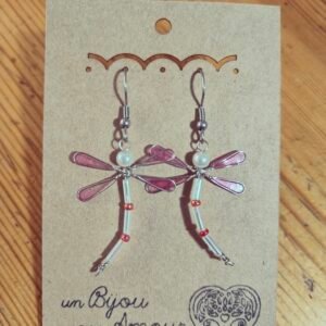 Boucles d’oreilles Libellule rose perles blanches et orangées