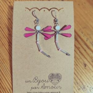 Boucles d’oreilles Libellule rose perles translucides et roses